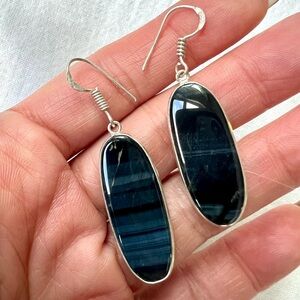 925 BLUE BLACK Tigers Eye Earrings